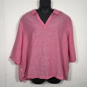 Tahari Size 2X Heather Pink 100% Linen 3/4 Sleeve Tunic Top Button Detail Chrty